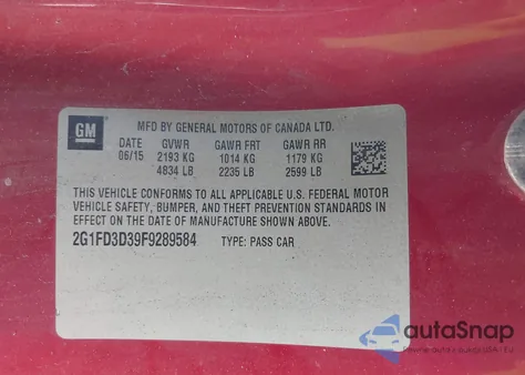 2015 Chevrolet Camaro 1Lt from USA, damaged, VIN 2G1FD3D39F9289584